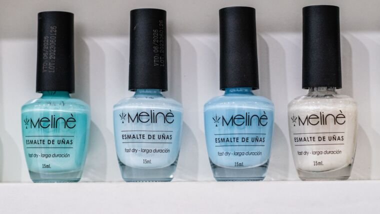A selection of vibrant Meline nail polish bottles on display in Buenos Aires.