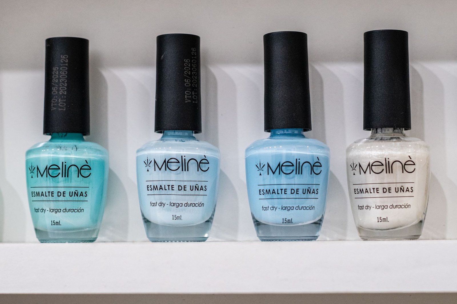 A selection of vibrant Meline nail polish bottles on display in Buenos Aires.