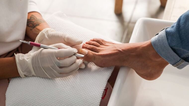 Pedicure session showing gloved hands performing nail care on foot.
